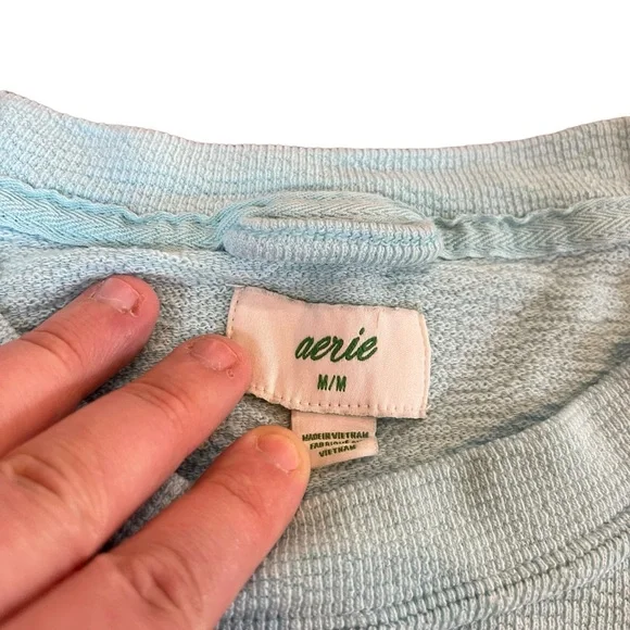 AERIE Medium Light Blue Textured Crew Neck Pullover Relaxed Oversized‎ Top - Picture 9 of 11